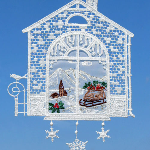 Fensterbild Hausrahmen mit Geschenkeschlitten