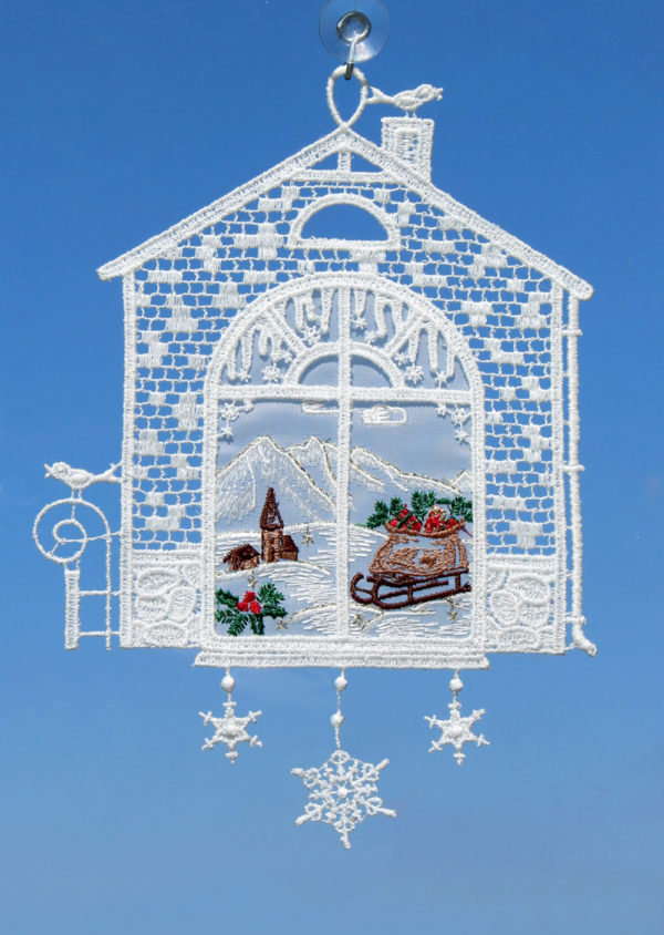 Fensterbild Hausrahmen mit Geschenkeschlitten