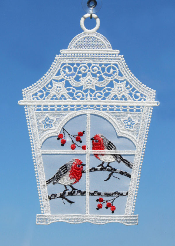 Fensterbild Laterne mit Vögel (rot)